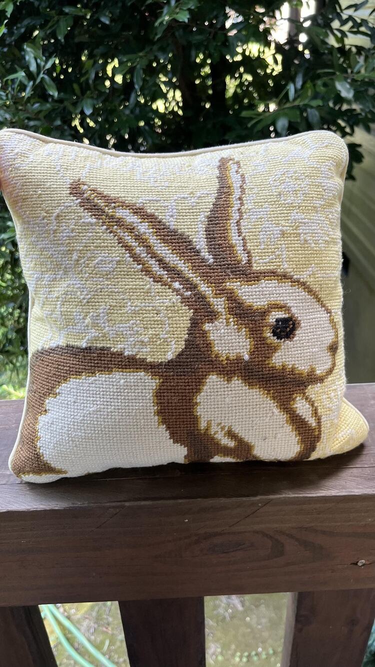 Vintage Needlepoint Rabbit Pillow, Hand Stitched Brown Bunny, 12x12 Wool